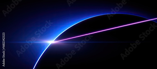 A vibrant, glowing, curved line of deep blue intersects with a bright pink beam, illuminating a dark background.