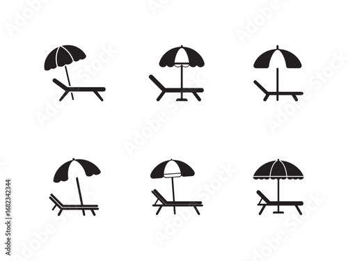 Black and White Silhouette Illustration of Beach Chairs and Umbrellas for Summer Vacation Relaxation and Holiday Vibes