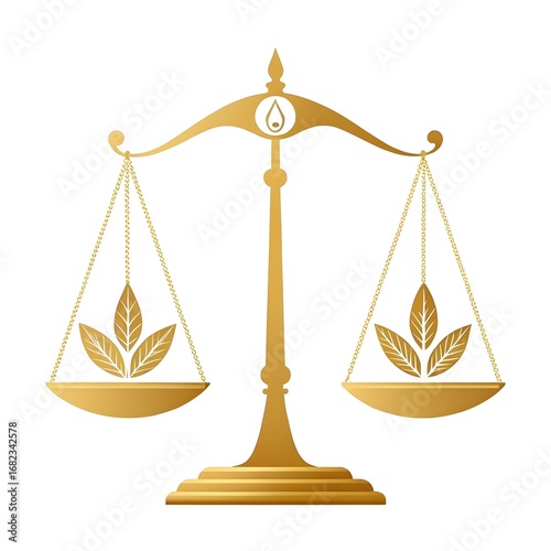 Golden scale of justice with leaves isolated on white background