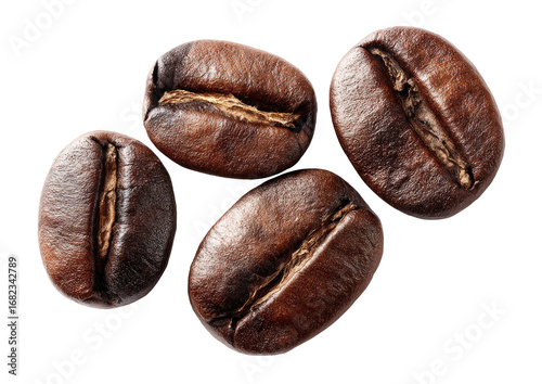Four roasted coffee beans arranged in a loose cluster, close-up view