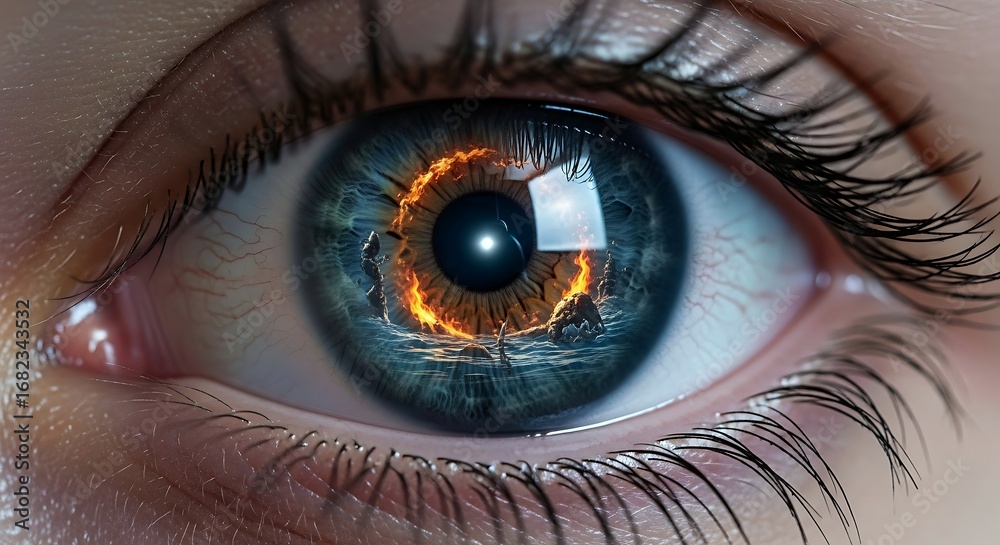 Fototapeta premium Mesmerizing macro shot of a human eye featuring a surreal miniature world within its iris. Fire and water elements encircle the pupil, creating a stunning cosmic landscape.