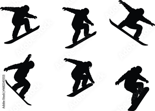 Snowboarder silhouette aerial tricks, freestyle snowboarding vector, winter sports action illustration, extreme athlete artwork, dynamic jump poses, mountain snow scene, sports training design, 