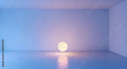 Minimalist 3D render of an empty room with soft blue and purple walls. A glowing basketball illuminates the space with warm light, creating an abstract, serene ambiance.