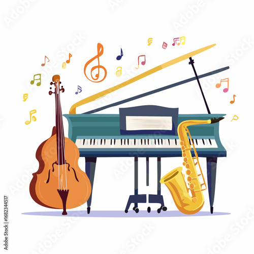 Vibrant Illustration of Musical Instruments with Flying Notes