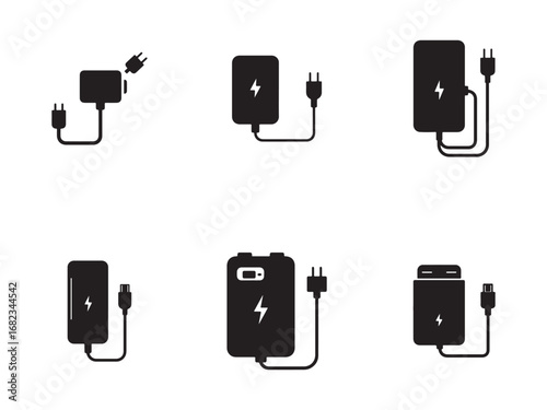 Black Silhouette Illustrations of Power Banks and Adapters on White Background Wireless Charging Power Delivery Symbols Battery Life Extension Solutions