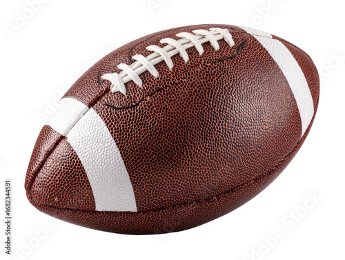 Close-up of a brown leather American football,  stitched seams visible,  white stripes around the ball