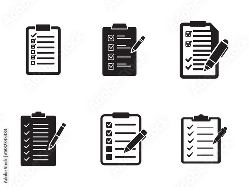 Clipboard with checklist and pen icon vector illustration for organization planning and task management in black and white minimal design