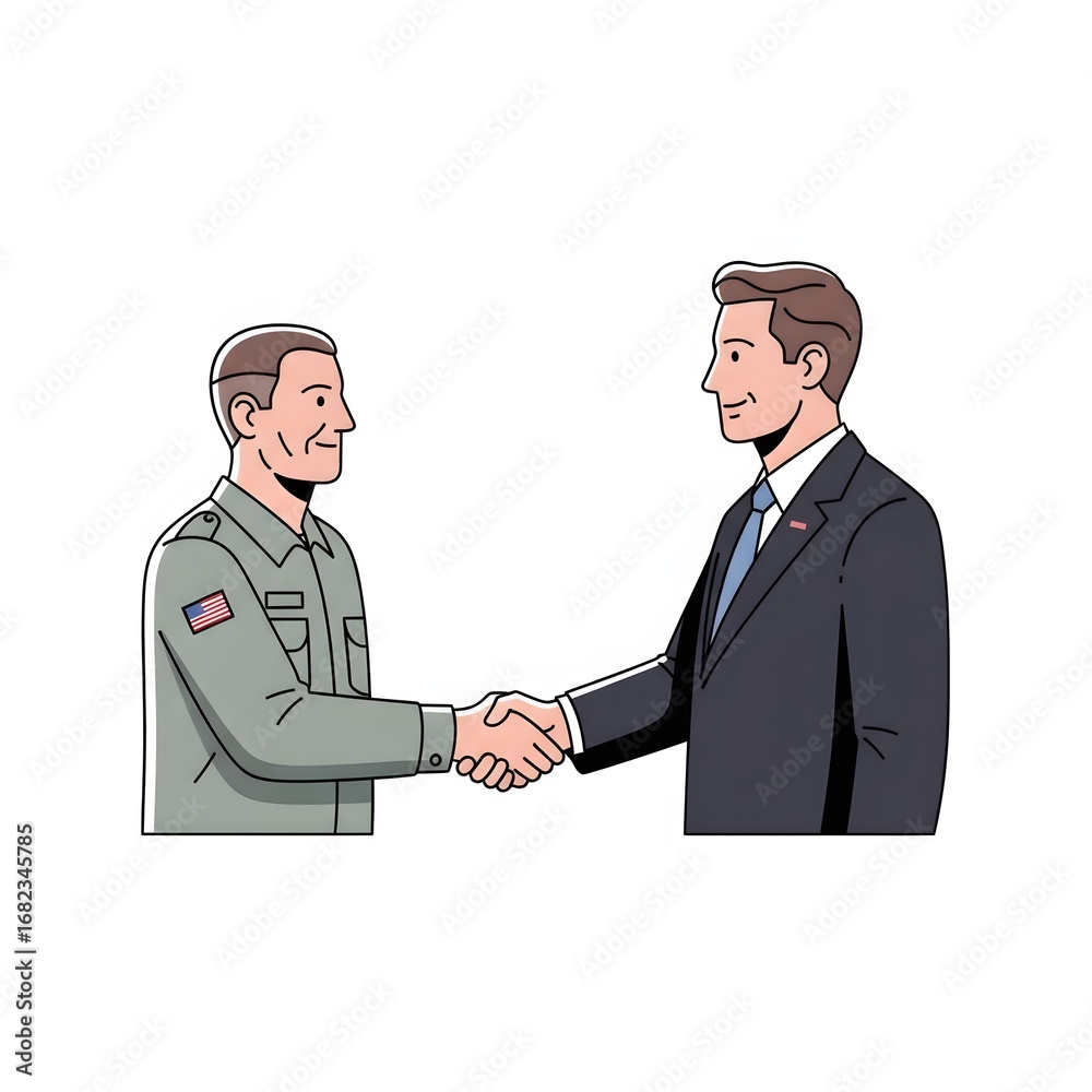 Fototapeta premium Strategic Alliance Military and Business Leaders Shake Hands