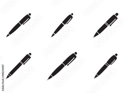 Collection of Ballpoint Pen Silhouettes on White Background Office and Writing Supplies Symbolizing Creativity and Productivity