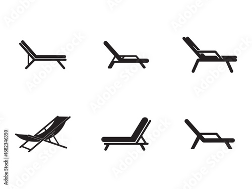 Collection of Beach Chair Silhouettes Black and White Vector Graphic Illustration Set for Relaxation and Vacation Planning Projects