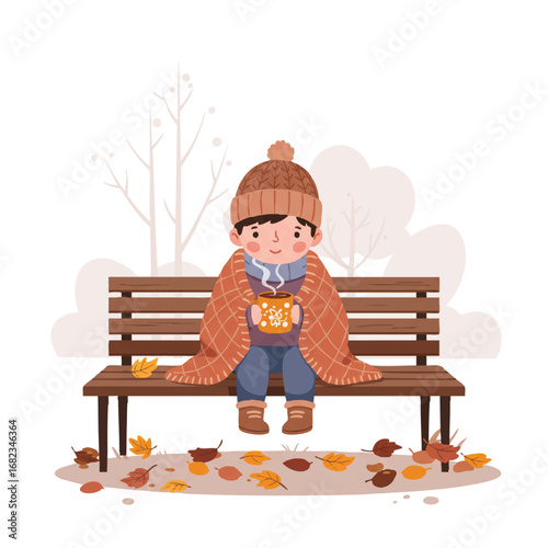 A cozy small child, bundled in a blanket and knitted beanie, sips steaming hot chocolate on a wooden bench surrounded by autumn leaves in a clean 2D vector illustration.