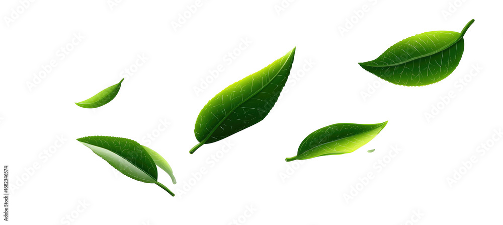 Fototapeta premium Vibrant green tea leaves, digitally rendered, appear to float or flutter in the air against a dark background