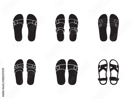 Collection of black and white sandal silhouettes showcasing diverse sandal types in a clean and modern design for summer footwear concepts