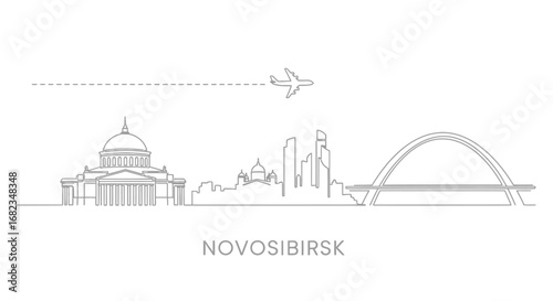 Novosibirsk with Russia Skyline Outline with Airplane.