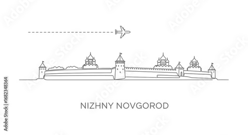 Nizhny Novgorod Skyline with Line Art, and Plane.