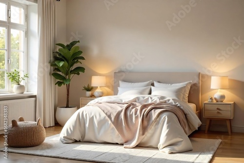 Serene bedroom, softly lit, ready for a new arrival Neutral tones, cozy textiles, and ample space for baby essentials A peaceful haven for expectant parents , wall art, preparation, neutral