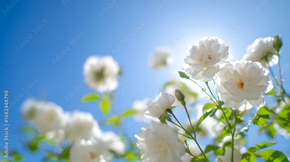 Fototapeta premium White garden roses in full bloom against blue sky, sunlight filtering through delicate petals.