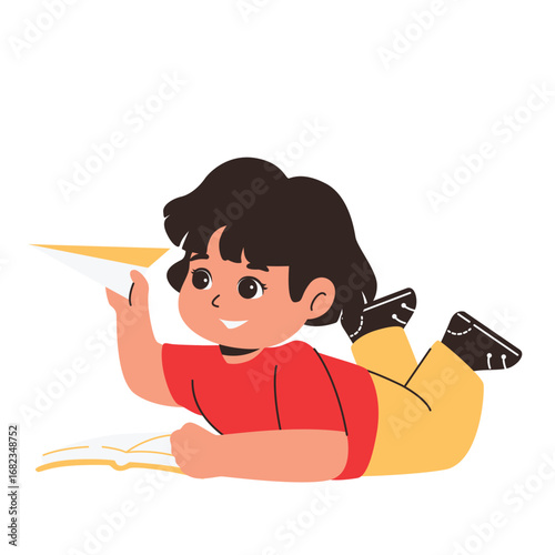 Illustration of an Kids Studying Lying down and playing with paper plane