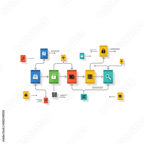 Infographic illustrating a digital workflow with data processing, security, and interconnected steps. Represents a modern operational system and efficient information flow concepts