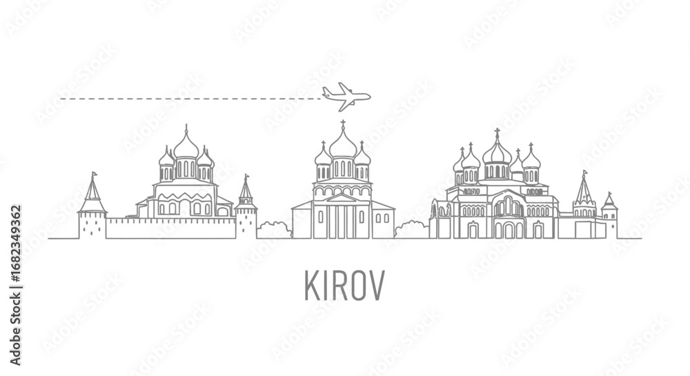 Obraz premium Kirov skyline outline Airplane travel icon.