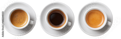 Three espresso shots in white cups, displaying different coffee roasts