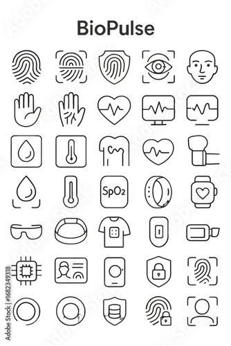 Comprehensive line icons for biometric security, health monitoring, and data privacy, reflecting the pulse of modern technology