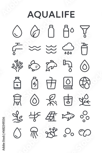 A comprehensive set of thin line icons representing renewable energy, green technology, solar panels, and portable power solutions