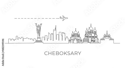 Cheboksary Skyline Vector with Russia, and Outline.