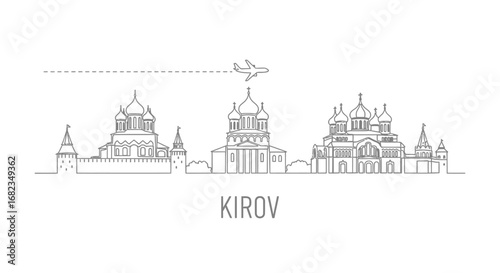 Kirov skyline outline Airplane travel icon.