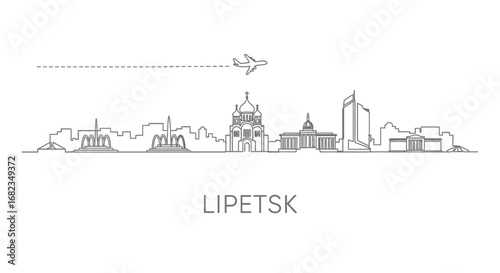 Lipetsk Russia skyline line art with airplane.