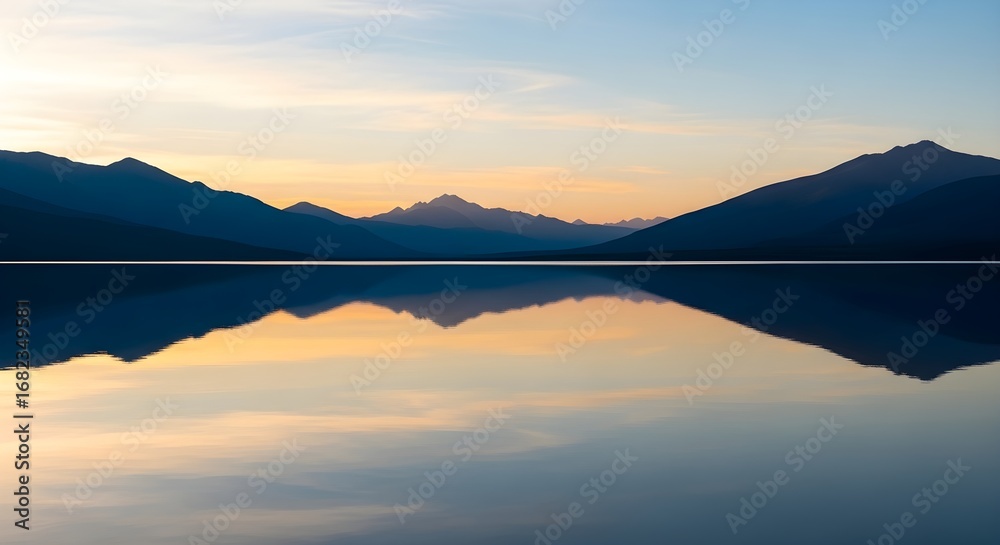 Fototapeta premium Minimalist sunrise over mountains with pastel colors reflecting in lake, ultra-detailed, crisp edges, noise-free, natural lighting, peaceful water view