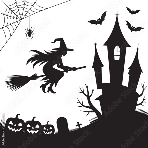 Halloween ghost castle pumpkin silhouette vector art illustration Shapes Collection Isolated on White Background