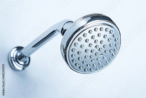 Polished chrome showerhead with adjustable arm, featuring numerous spray nozzles for a targeted water flow