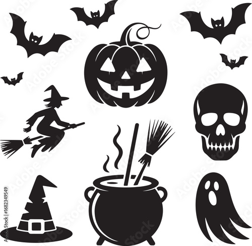 Halloween ghost pumpkin silhouette vector art illustration Shapes Collection Isolated on White Background