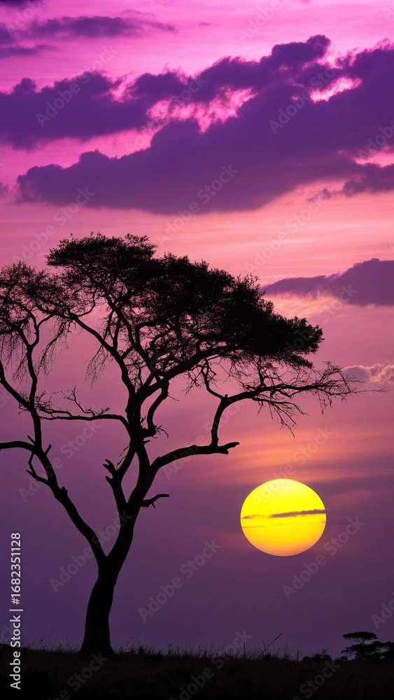 Fototapeta premium Silhouette acacia tree vibrant sunset clouds