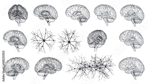 Medical imaging shows a brain, cross-sections, grey matter, on a black background, for medical research use