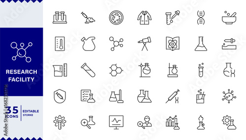 Pixel Perfect,Research facility  line editable icon set. Containing experiment, test tube, microscope, flask, chemical, biology, research, lab and more. Editable stroke.