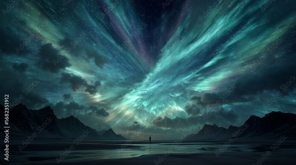 Fototapeta premium X-shaped cosmic auroras illuminate desert mountains, their intersecting beams creating quantum fractures in the sky.