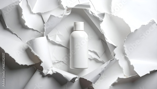 White cosmetic bottle mockup centered within a dynamic frame of torn and ripped paper textures, creating a clean, minimalist product display