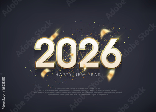 Happy new year 2026 with luxury gold glitters numbers illustration.