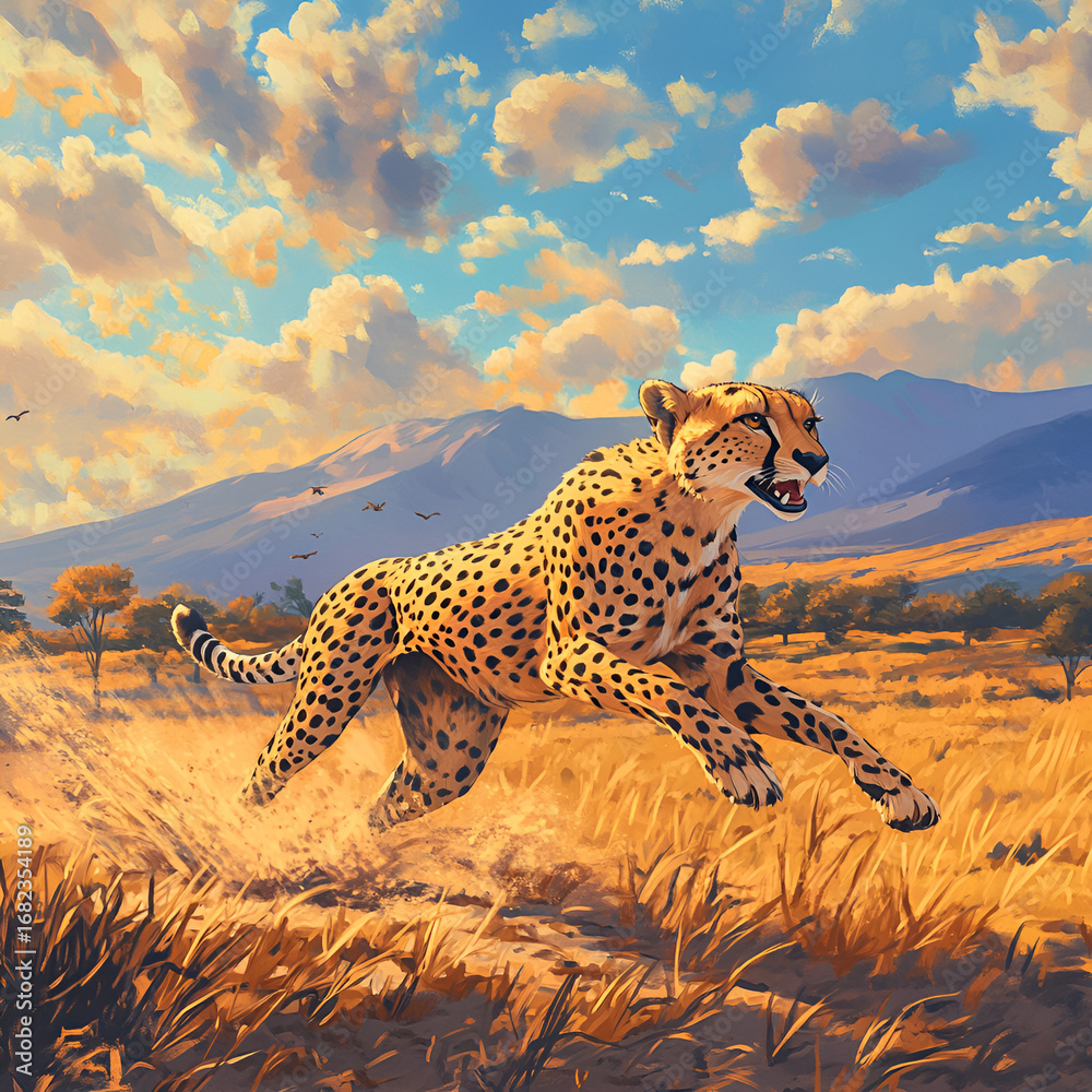 Obraz premium Cheetah sprinting across savanna african landscape nature photography wildlife action vibrant environment