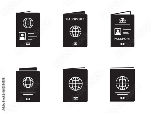 Passport Icons Set Black and White Vector Illustration for Travel Identification and Global Citizenship Documents and International Travel