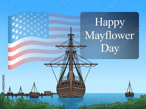 Historic mayflower ship sails proudly under the american flag celebrating mayflower day