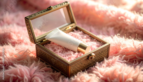 Luxury cosmetic cream tube displayed in an ornate antique jewelry box with a fluffy pink lining, bathed in soft sunlight
