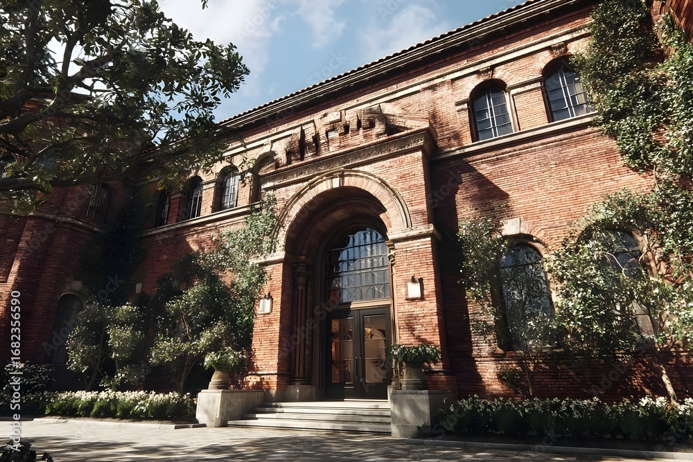 Fototapeta premium Brick building with large arched entrance and greenery.