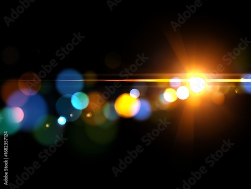 Bright star shining through colorful bokeh and lens flare on dark background. Background concept