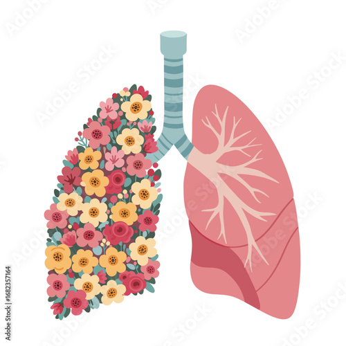 Flat Vector Illustration of Lungs with Floral Design