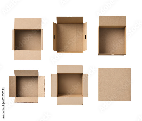 Six open cardboard boxes, various styles, top view