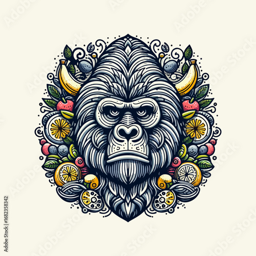 Artistic gorilla face with fruit and leaves, detailed illustration.