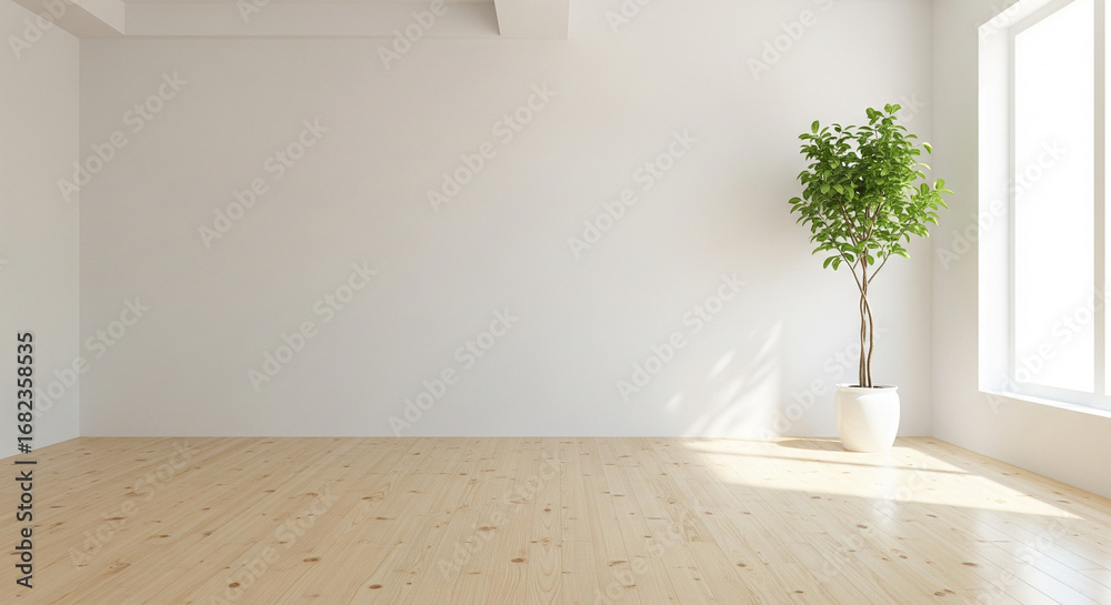 Fototapeta premium Potted Plant with Green Leaves in Minimalist Interior.